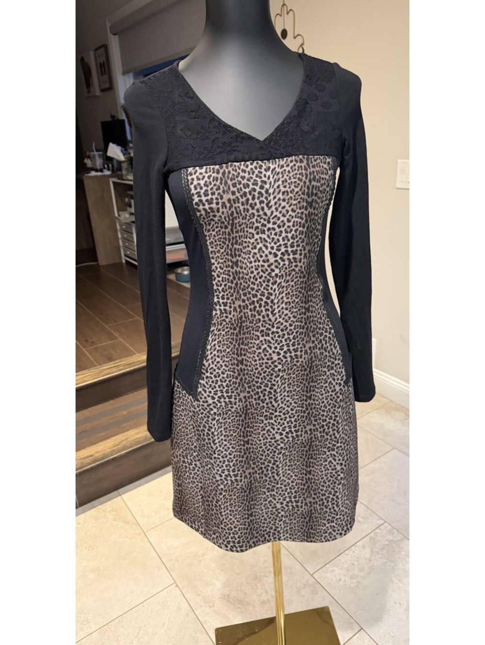 Vintage Save The Queen Italy Leopard Print and Black Long Sleeve Dress